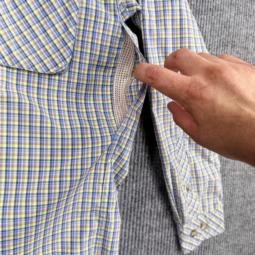 ExOfficio Shirt Mens Medium Blue Plaid Vented Back Fishing Button Up Travel